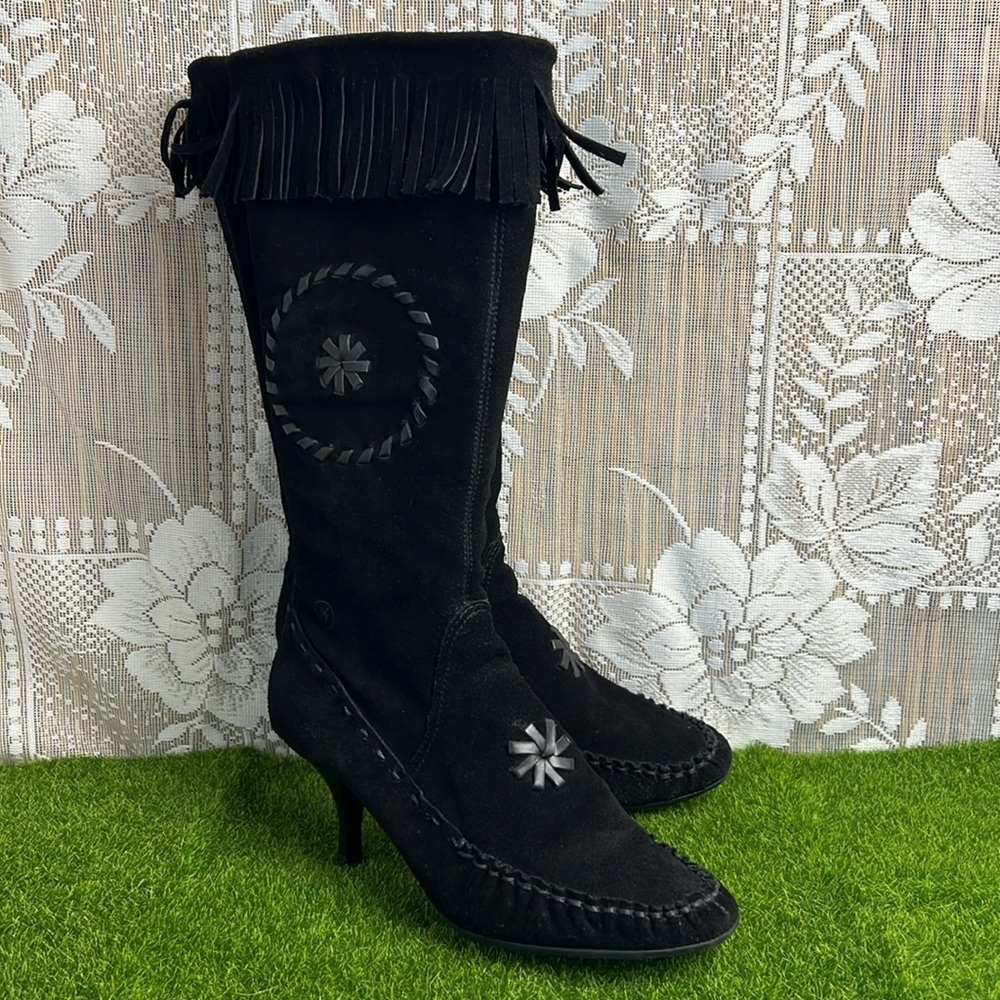 Bronx Vintage Boho Suede Gypsy Moccasins Fringe Tassel Kitten Heel Boots
